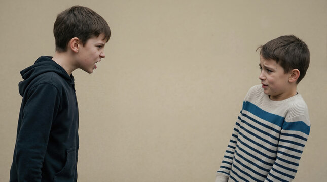 Older boy shouting at younger boy against plain wall. Conflict and bullying concept between children. Sibling rivalry and aggressive behavior