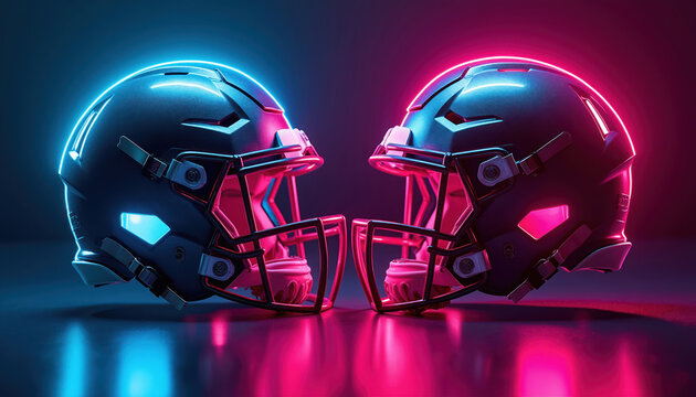 Two American football helmets face each other with glowing neon lights in blue and pink. This dynamic sport equipment represents competition and intense rivalry in game.