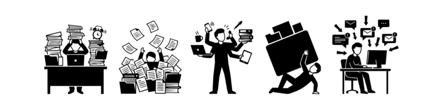 Vector illustration set showing an office worker overwhelmed by a heavy workload, deadlines, and digital notifications. Concepts of burnout, stress, and multitasking in a minimalist black style.