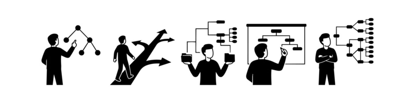 A collection of black and white icons representing hierarchy, decision-making, data structures, and organizational planning for business and technology themes.