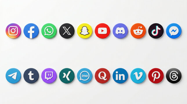 Social media icon set, 3D circular logo buttons including Instagram, Facebook, X, TikTok, YouTube, WhatsApp, LinkedIn, Discord, Reddit, Pinterest, Threads