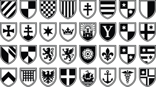 A collection of various heraldic shield designs featuring diverse geometric patterns and unique vintage emblem illustrations