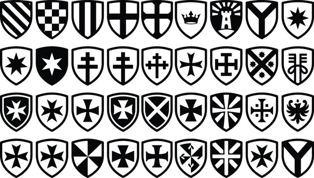 A collection of various heraldic shield designs featuring intricate geometric patterns and traditional medieval graphic symbols