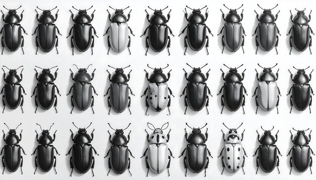 A grayscale arrangement showcasing various beetle species. The composition highlights diverse shapes, sizes, and color variations. The insects are neatly organized in a grid
