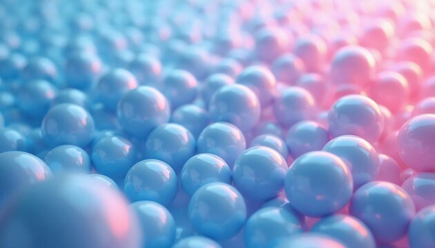 Many shiny pastel blue and pink spheres fill frame. Round objects vary in size and are clustered together creating soft abstract background. This gentle pattern creates smooth, pleasant texture.