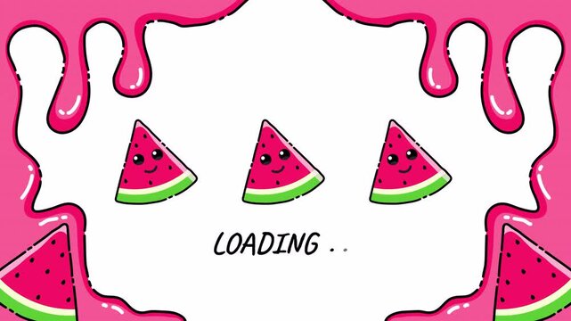 Cute Kawaii Watermelon Loading Screen with Dripping Pink Frame and Smiling Cartoon Slices