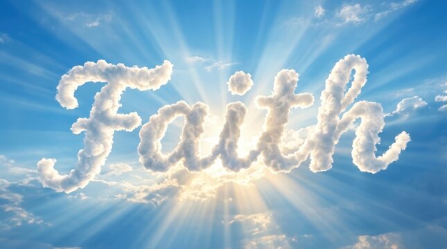 Heavenly cloud typography 'Faith', letters formed from soft white clouds against bright blue sky, radiant sunlight beams, ethereal and divine feeling, highly detailed cloud shapes, no human forms
