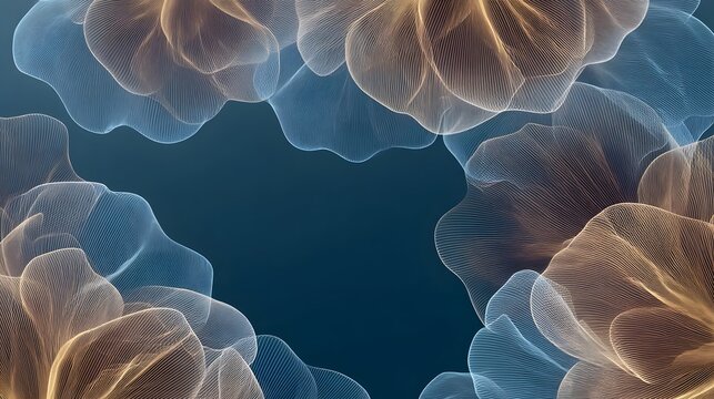 Ethereal abstract floral composition framing a central dark space with glowing copper and deep teal tones