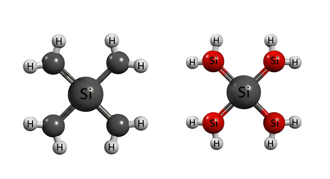 3 d molecular models of silane (si h4) and tetrachlorosilane (si cl4) molecules silicon hydrogen