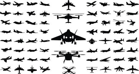 Collection of diverse aircraft and helicopter silhouettes on white background © MDMizanur
