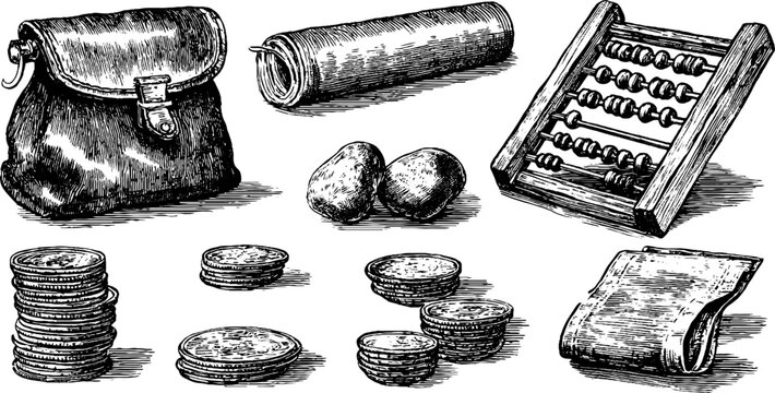 Coins abacus and leather bag arranged on white background