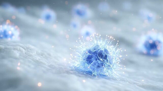 Conceptual abstract glowing blue microscopic virus bacteria cells on tissue.