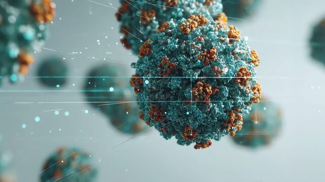 Conceptual abstract digital microscopic virus molecules floating in a cell.