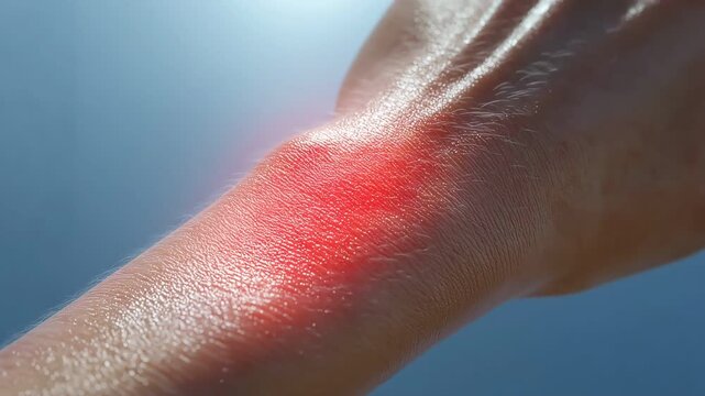 One human wrist with a glowing red conceptual pain inflammation spot.