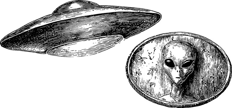 Unidentified flying object and alien face depicted in engraving