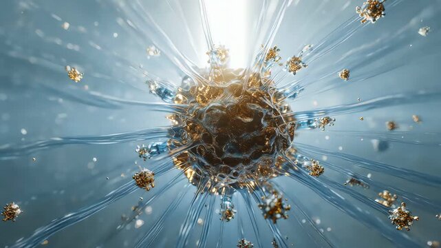 Conceptual bright glowing microscopic virus cell with blue tendrils.