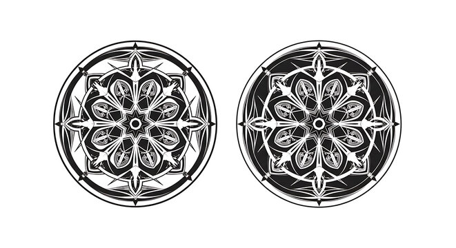 Black and white circular mandala patterns with intricate floral and geometric