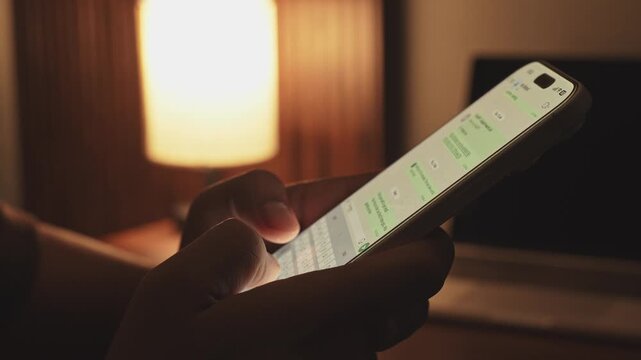 Close-up macro shot of anonymous male hands typing and chatting on a smartphone, fingers tapping a touchscreen keyboard while sending text messages in a modern digital environment. Unrecognizable pers