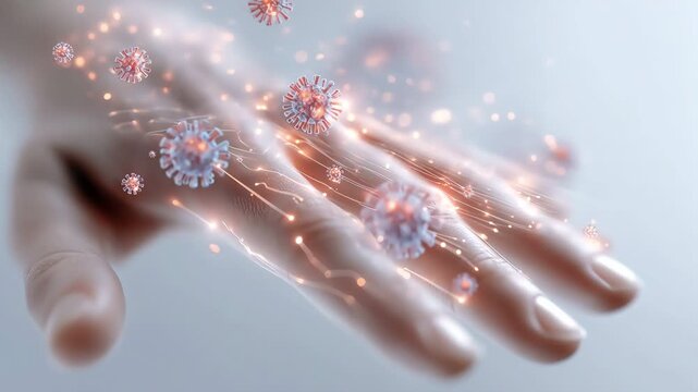 A single hand covered with glowing microscopic virus cells and light.