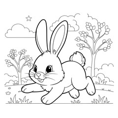 Fototapeta premium Cartoon rabbit hopping in a green field