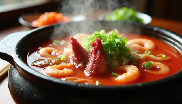 Steaming Korean haemul jeongol seafood stew bubbles in black pot. Tender octopus, plump shrimp, and fresh green onions swim in savory red broth, aromatic steam rises.