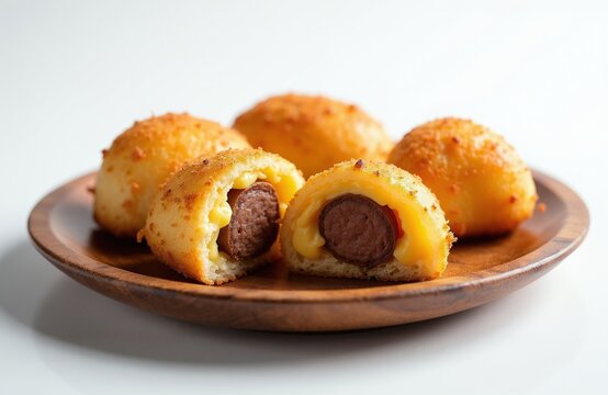 Golden fried risoles filled with sausage and melted cheese. Crispy breaded exterior and soft dough inside, served on wooden plate. Delicious Indonesian snack.