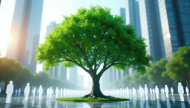 Green tree with glowing lights in city park, surrounded by lines of people figures. Urban nature and tech blend, abstract concept of community growth and sustainable future.