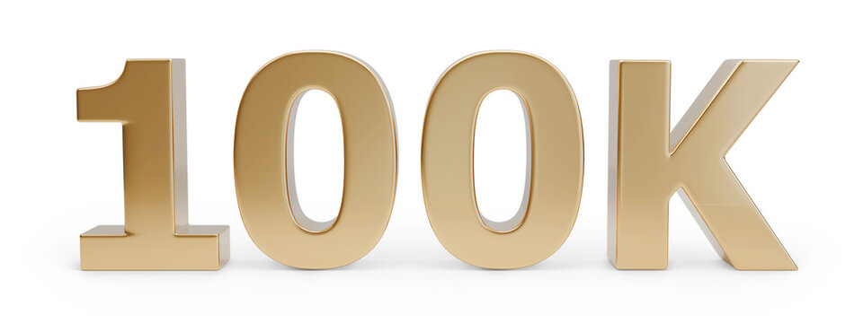 Golden 100k number in three dimensions isolated on white background. 3d illustration.