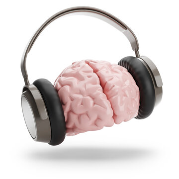 Brain with headphones isolated on white background. 3D illustration.