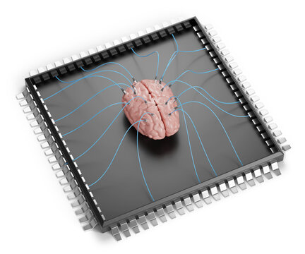 Computer chip with a brain inside. Artificial intelligence concept. 3D illustration.