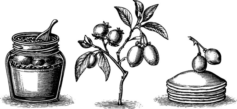 Jar spoon and fruit branch displayed beside pancake stack