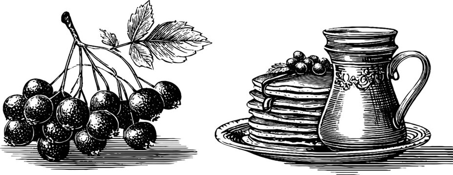 Cherry cluster beside pancake stack and milk jug on plate