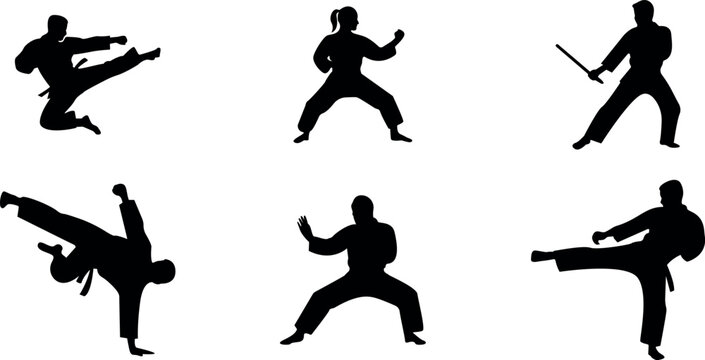 Martial Arts Silhouettes Set With Karate Kung Fu and Weapon Poses Isolated on White Background for Combat Sport Design.