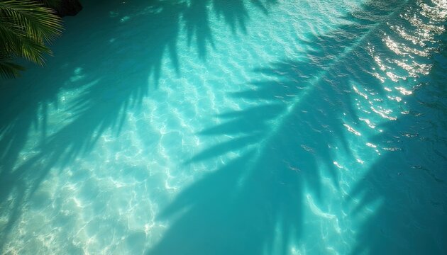 Palm leaf shadows dance on clear turquoise pool water surface. Sunlit ripples create a tranquil, refreshing tropical vibe. Ideal for vacation, spa, and resort themes.