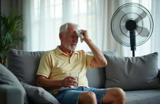 Elderly man sweats on sofa near electric fan drinking water. Senior person feels hot indoors. Old man tries to cool down at home during summer heatwave. Refreshment needed.
