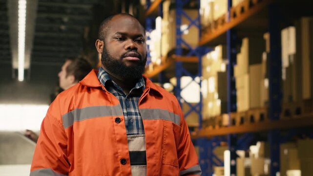 Portrait of staff member checking packages in modern fulfillment center. Inventory management technology improves order fulfillment accuracy and supports supply chain distribution, workflow.