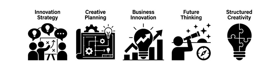 Business innovation and creative strategy icon set featuring concepts for planning, future thinking, and structured creativity in a minimalist black and white vector style. © Nort Kor