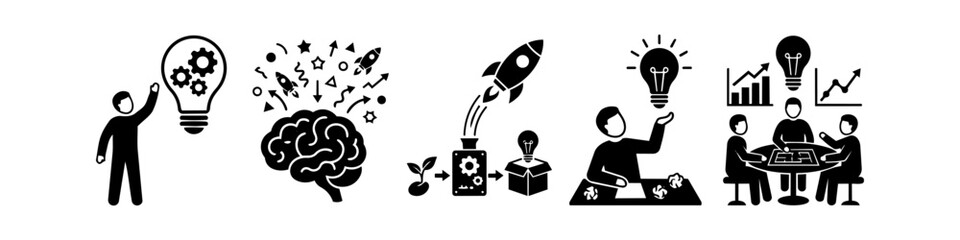 Business innovation and creativity icon set featuring brainstorming, startup launch, team strategy, and problem-solving concepts. Black vector silhouettes on white background. © Nort Kor