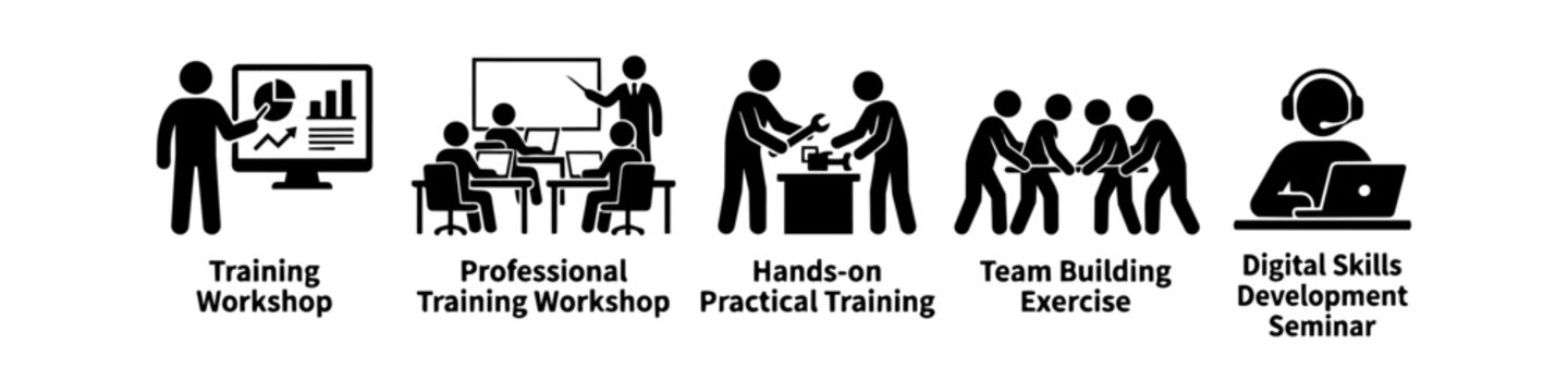 Set of five icons illustrating professional training, hands-on practice, team building, and digital skill development seminars for corporate growth and employee education.