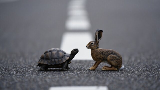 Tortoise and hare facing each other on empty road symbolizing classic fable lesson about patience persistence and strategy, visual metaphor for competition speed versus consistency in business leaders