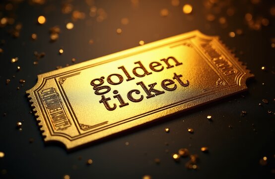 Golden ticket floats mid air with blurred dark background. Metallic sheen reflects light, scattered gold particles sparkle. Offers rare chance, win prize, special access, luxurious event, luck.