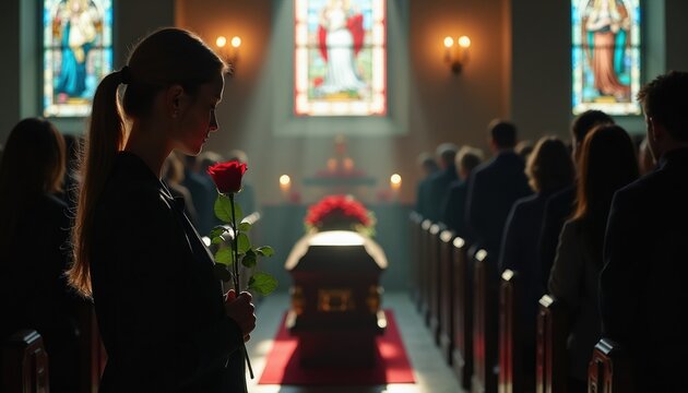 Woman holds red rose at funeral service. Mourners sit in church pew facing coffin with flower arrangement. Sunlight streams through stained glass.