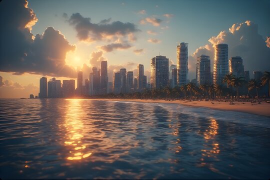Sunset over city skyline with calm ocean waves gently lapping at the shore surrounded by tall skyscrapers and fluffy clouds