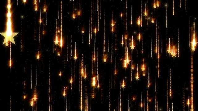 Golden stars fall against a dark background