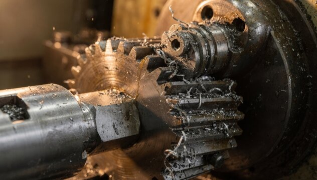 Close medium shot of coarse pitch gear teeth being shaped on a heavyduty hobbing machine emphasizing robust metalwork and textured gear profiles.