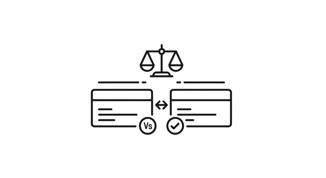 Comparing Options: Balance Scale Weighing Two Cards with Checkmark and VS Symbol