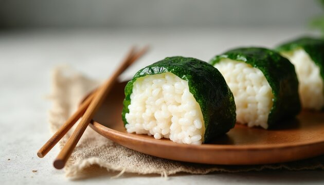 Three Japanese onigiri rice balls wrapped in dark green seaweed sit on wooden plate. Chopsticks rest on side, ready for traditional Asian meal. Delicious snacks offer taste of Japanese cuisine,