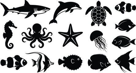 Marine Life and Ocean Animal Silhouette Icon Set Featuring Shark Dolphin Sea Turtle Octopus Clownfish Seahorse Starfish Jellyfish Pufferfish and Coral Reef Creatures © MdSoleman