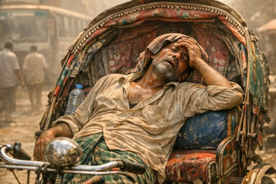 A person is seated in a rickshaw, appearing distraught and unhappy