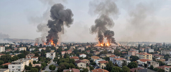 Fototapeta premium A city skyline with thick black smoke billowing out from multiple sources, often used to illustrate environmental or industrial issues